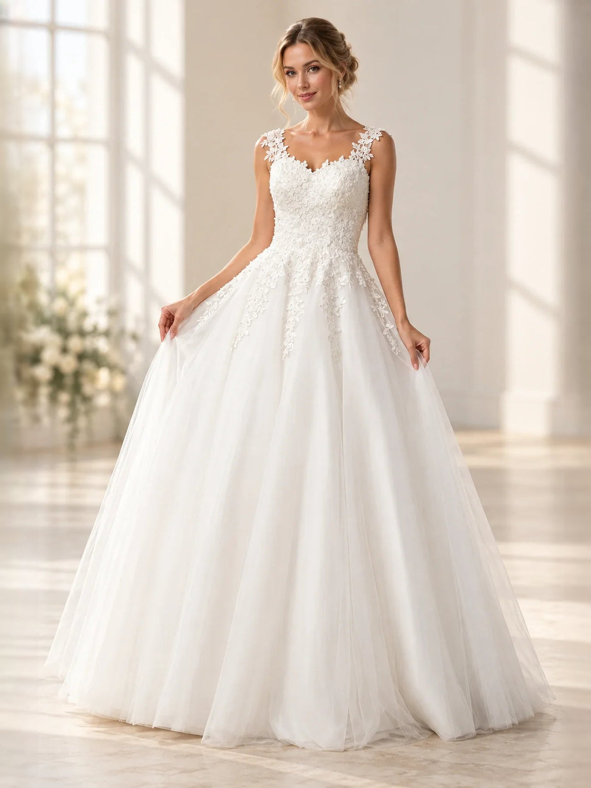 White sleeveless sweetheart corset dress with floral lace details and full tulle A-line