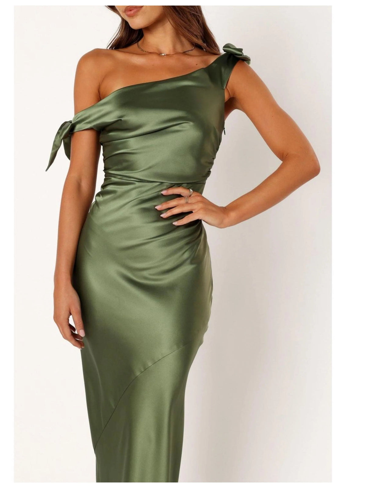 Sage green satin one-shoulder dress with gathered ruching and bow shoulder