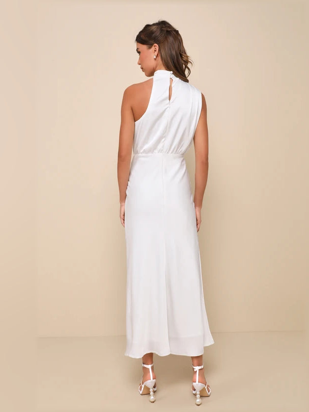 White satin sleeveless high-neck midi dress, back view with draped yoke
