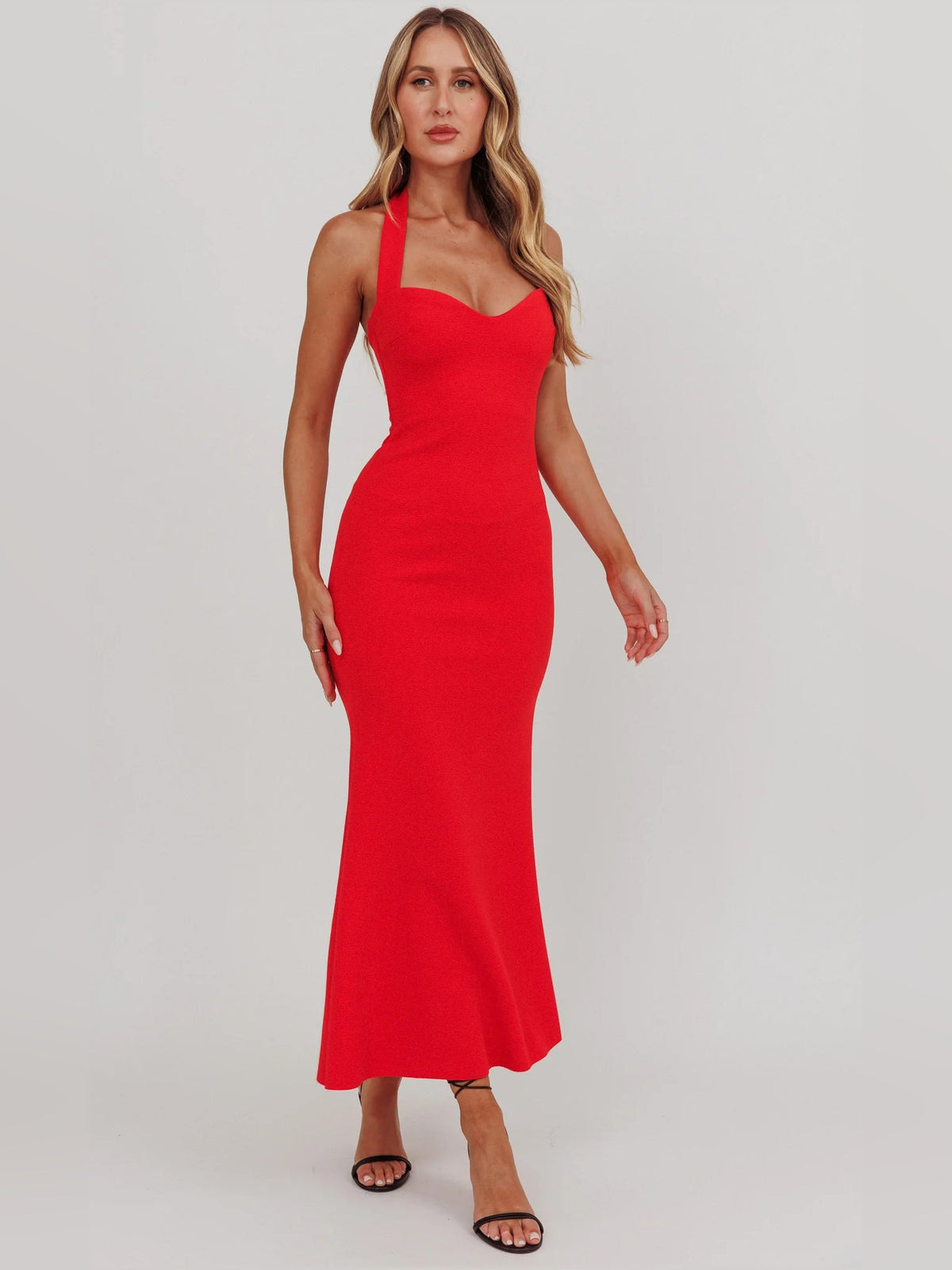 Red sheath maxi formal dress with halter neckline, alternate full-length view