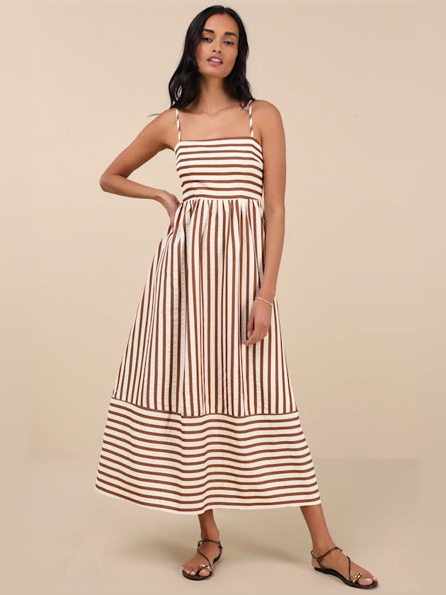 Brown striped midi formal dress with spaghetti straps and tiered skirt