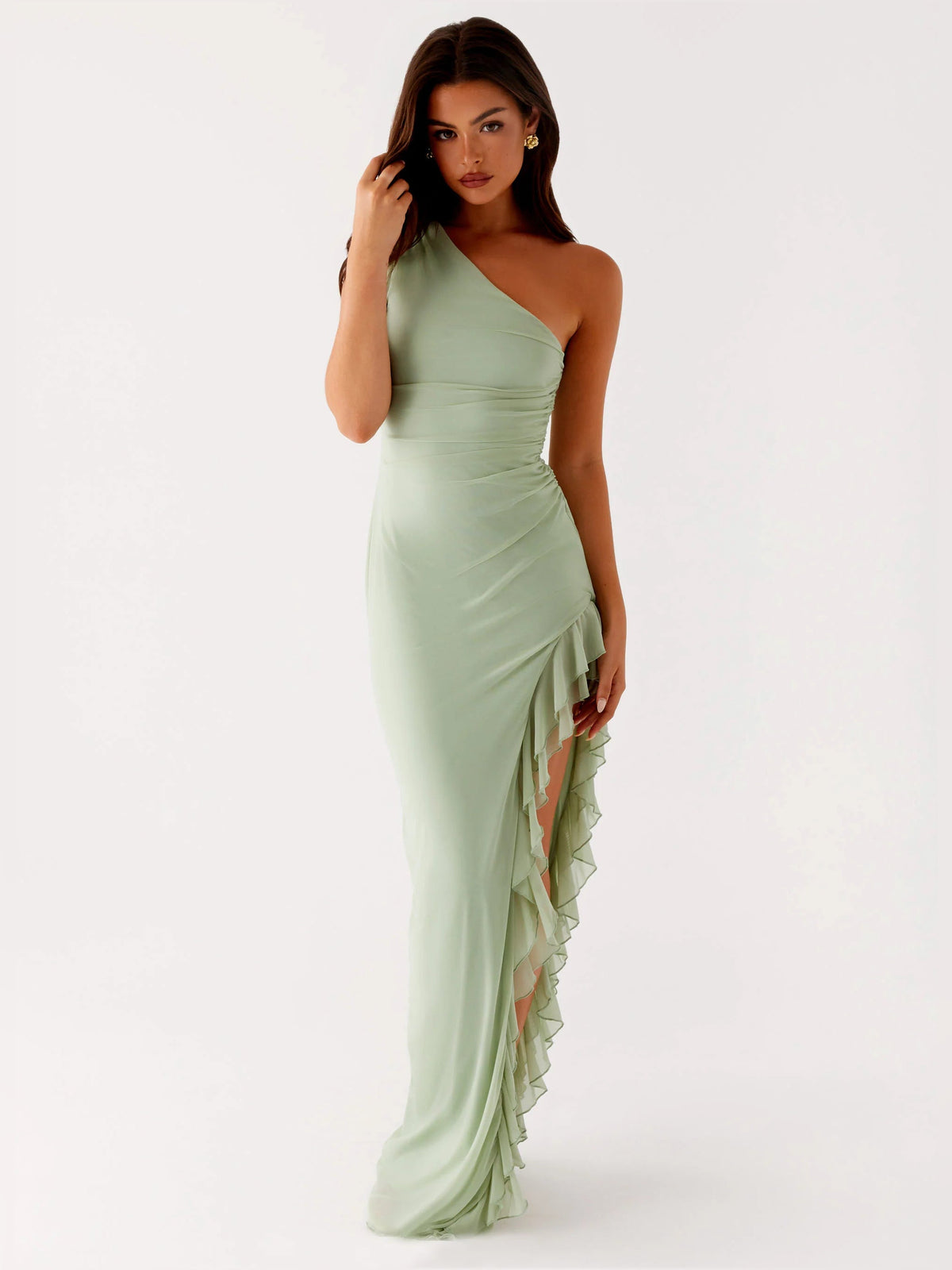 Sage sheath maxi formal dress with ruching, alternate full-length view