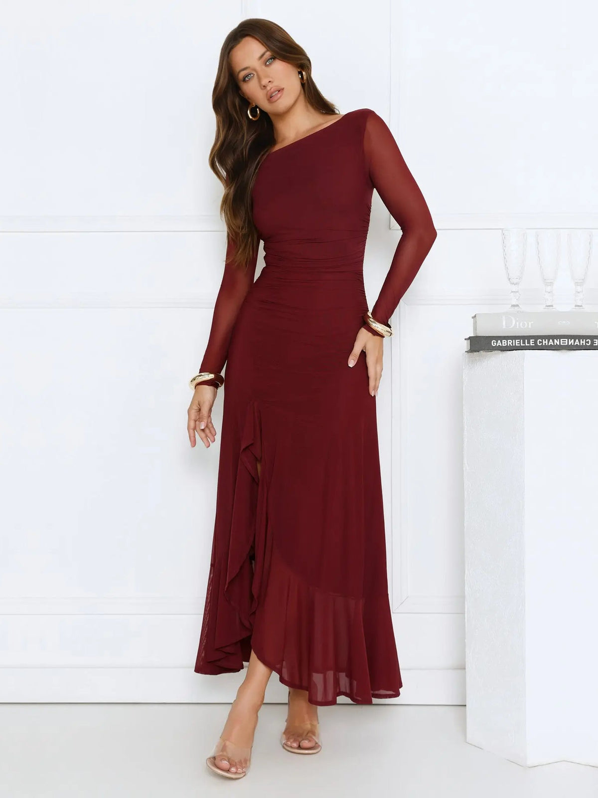 Wine a-line maxi formal dress with V-neckline, alternate view