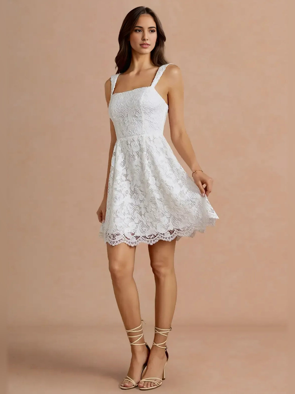 White floral lace square-neck A-line mini dress with fitted bodice and scalloped hem