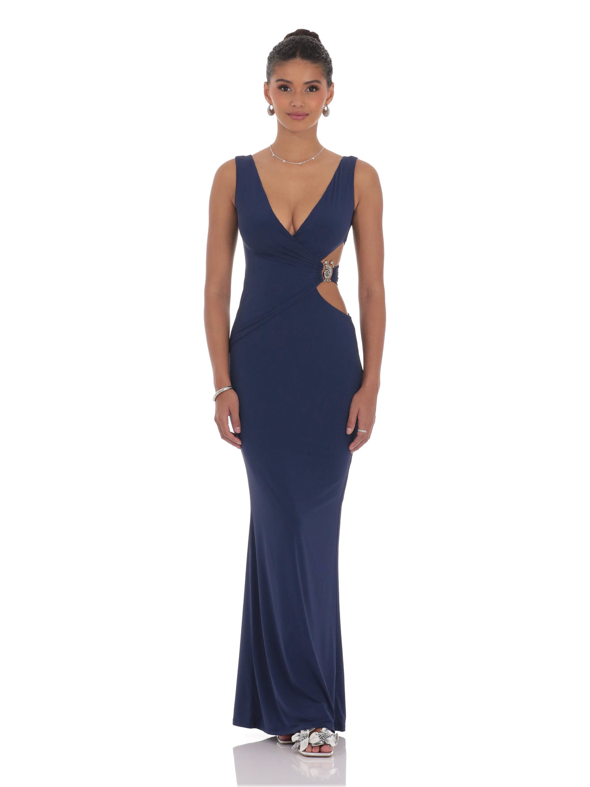 Navy sleeveless V-neck maxi bridesmaid dress with side cut-out and long A-line hem