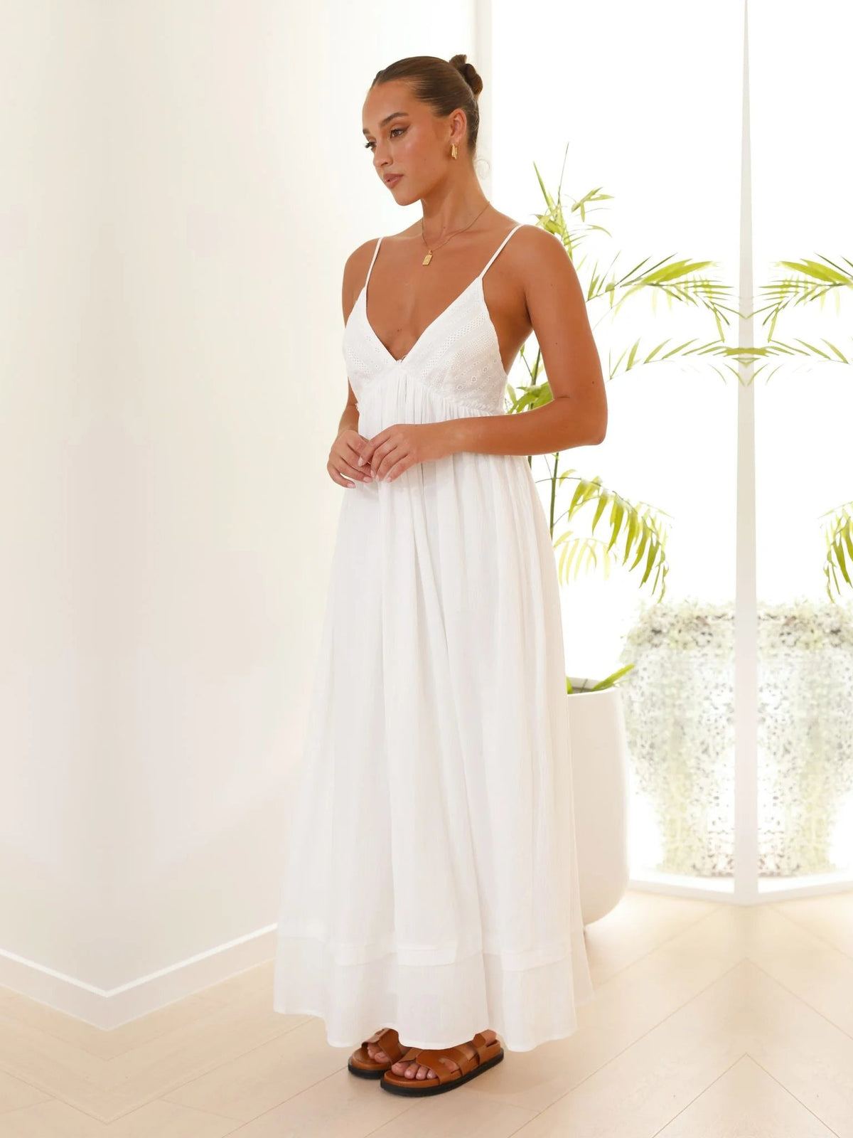 White a-line maxi formal dress with V-neckline, alternate view