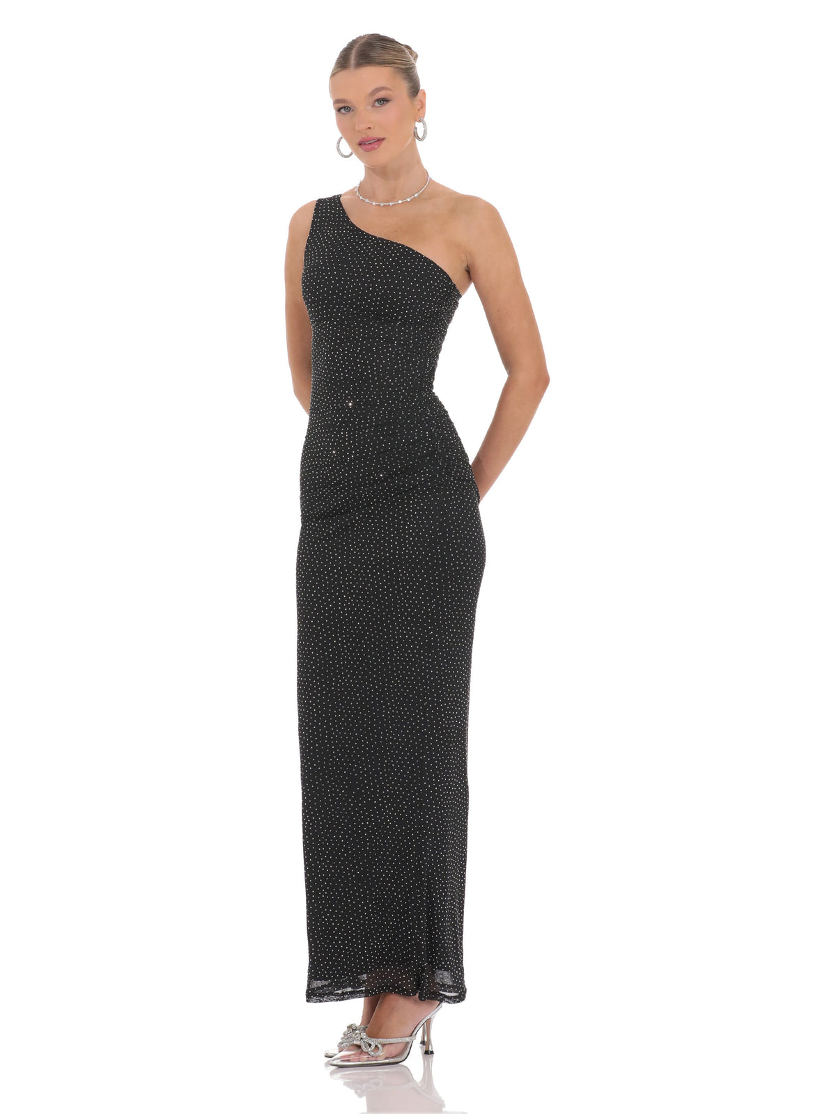 Black bridesmaid dress with structured woven fabric construction and maxi hem