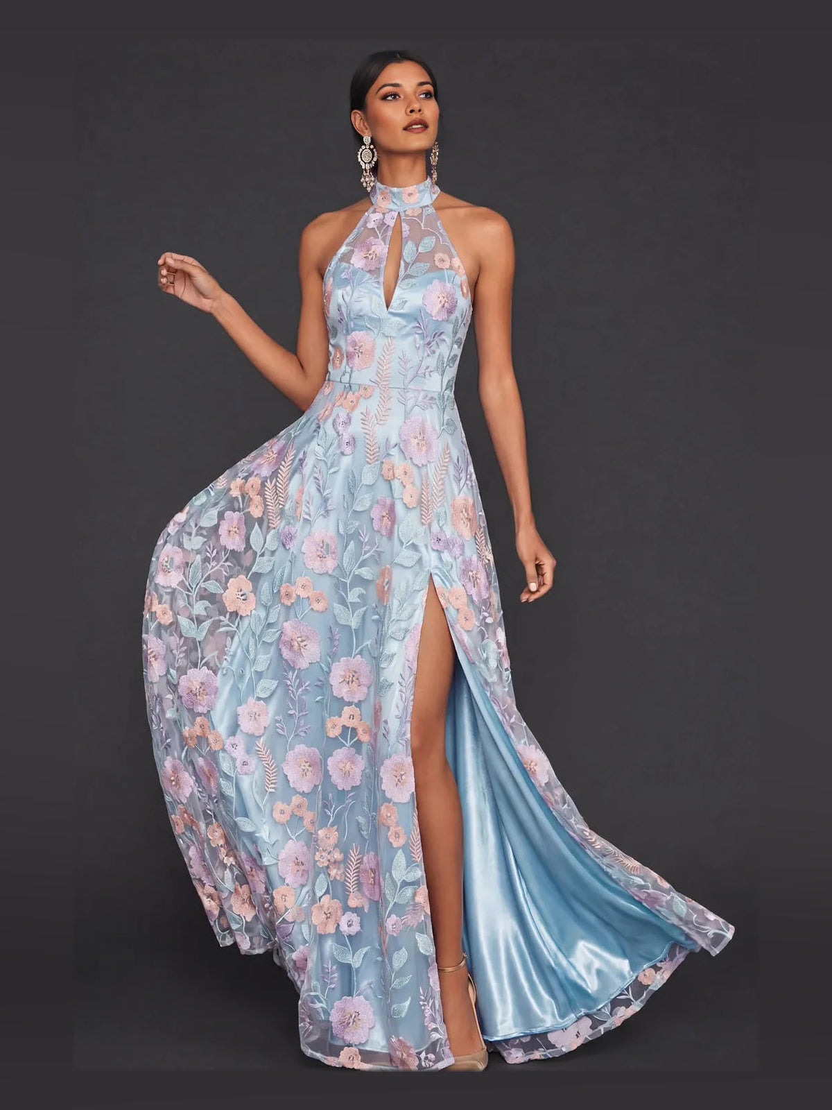 Light blue floral halter maxi tulle dress with front slit and satin underlayer
