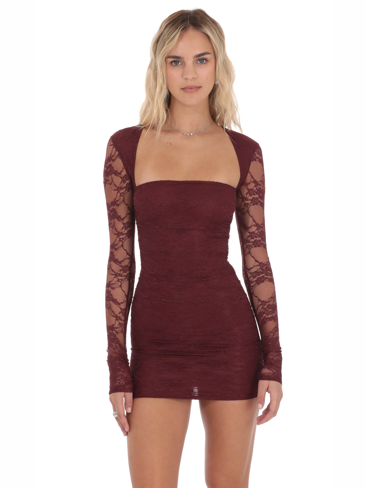 Burgundy homecoming dress with mesh construction and maxi hem