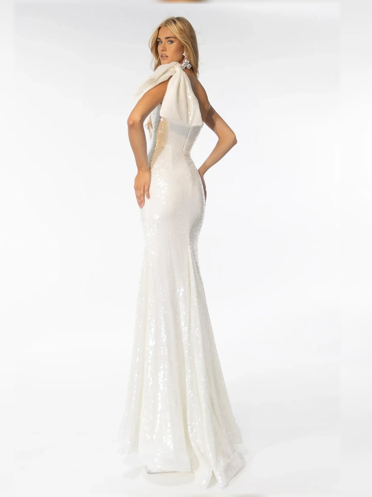 White one-shoulder sequin mermaid gown with halter drape and long floor-length tail