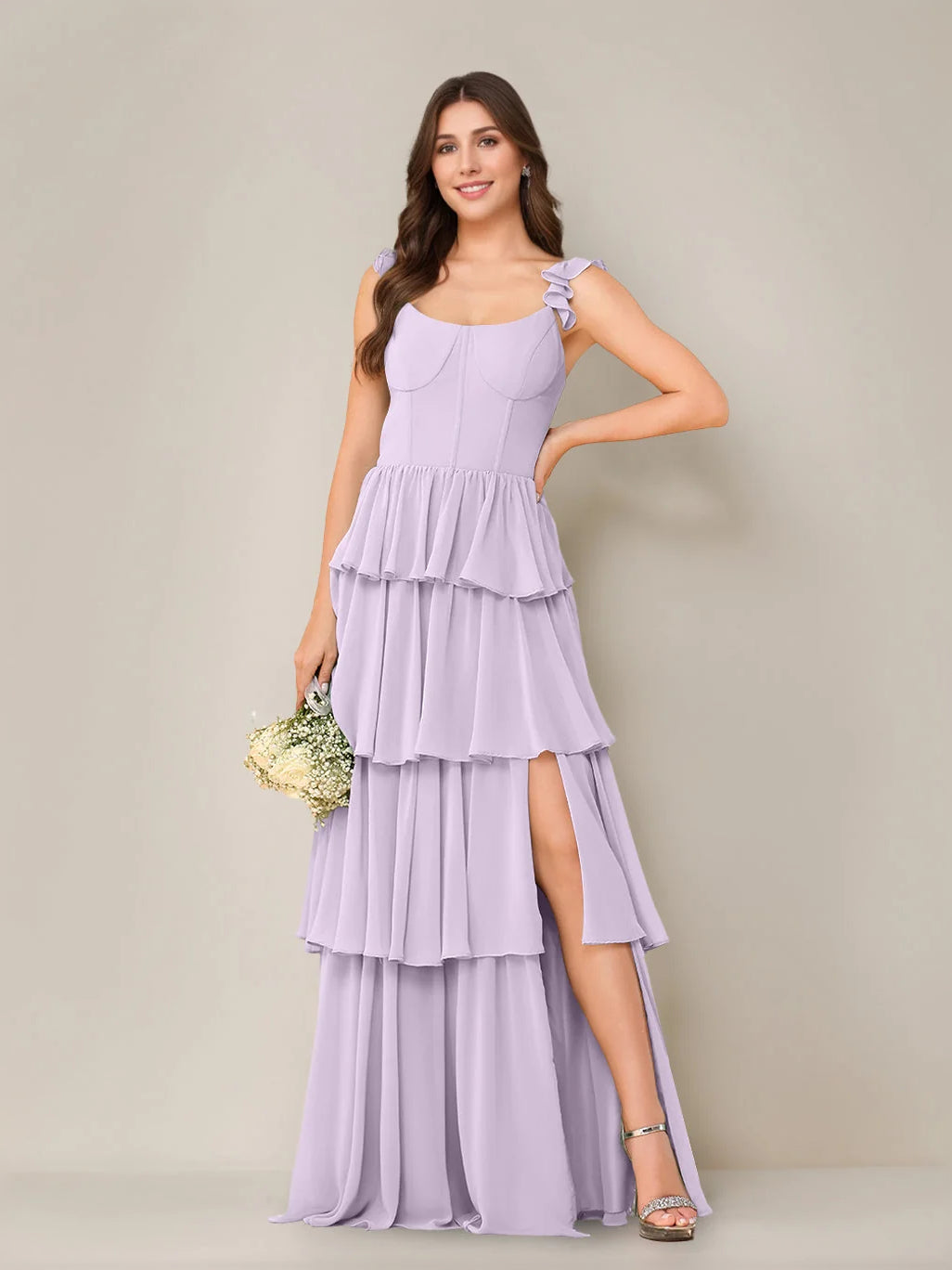 Lilac tiered ruffled sweetheart maxi dress with sleeveless bodice and side slit