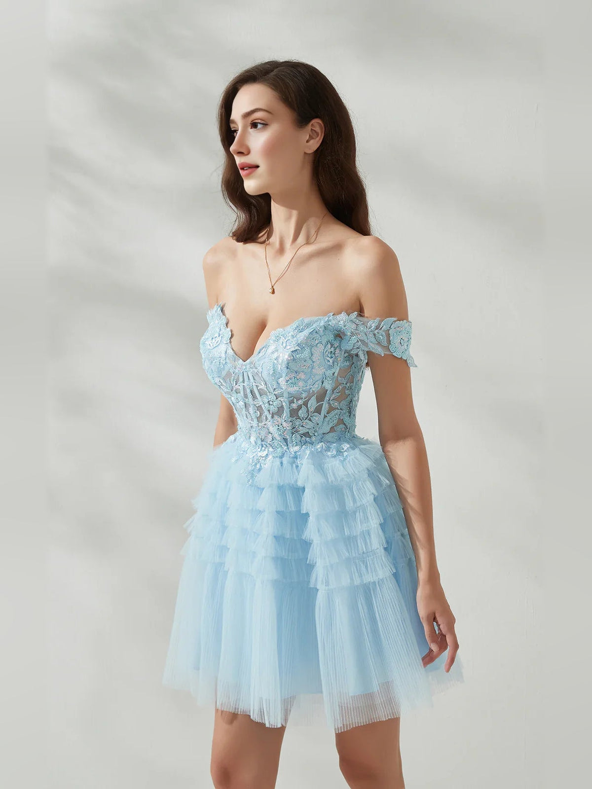 Baby blue off-shoulder sweetheart corset mini dress with lace bodice and layered tulle