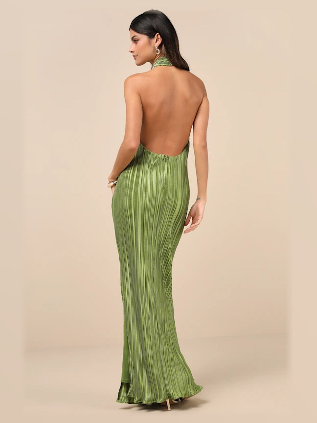 Lime Green formal dress with chiffon construction and maxi hem