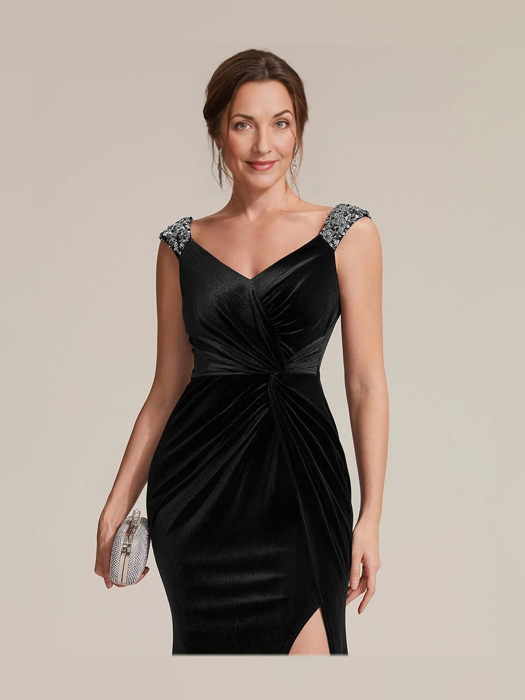 Black velvet sweetheart mermaid maxi dress with beaded rhinestone shoulder straps