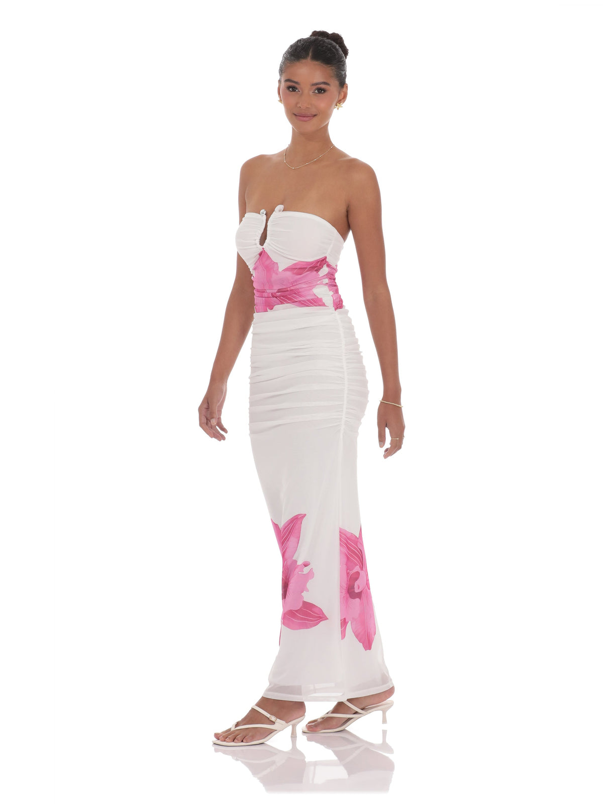 White bridesmaid dress with structured woven fabric construction and maxi hem