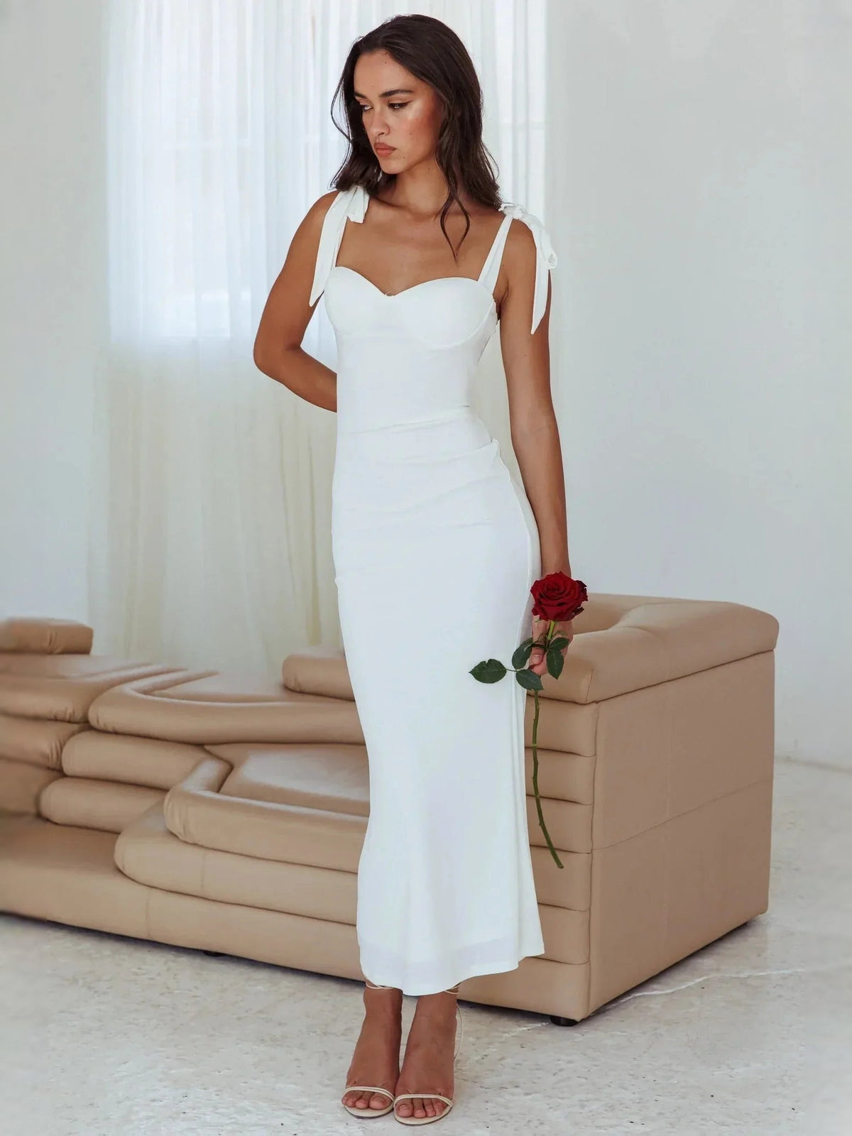 White sweetheart sheath midi wedding dress with bow-tie straps and fitted skirt