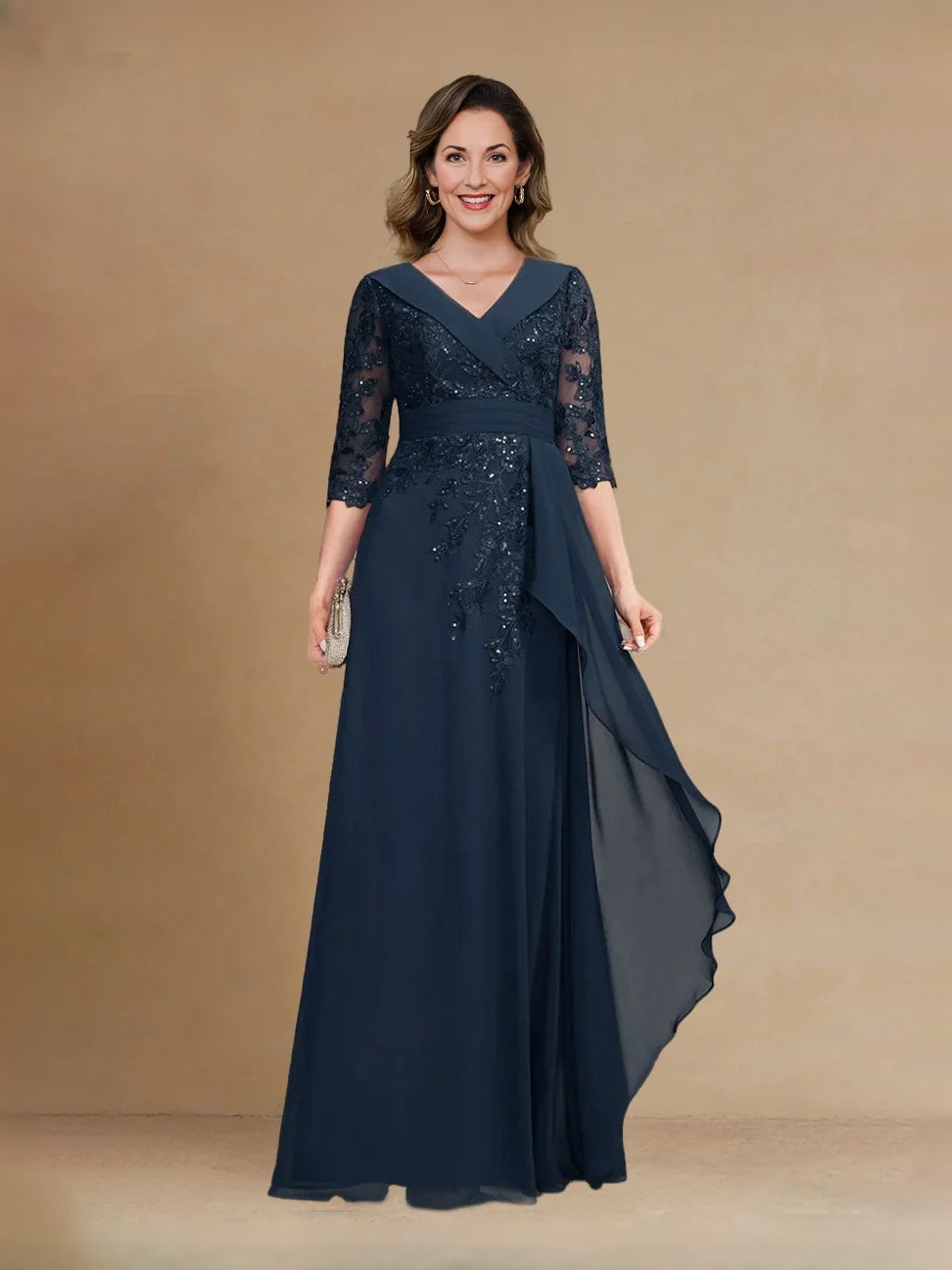 Dark blue sequin V-neck A-line gown with sheer lace sleeves and side drape