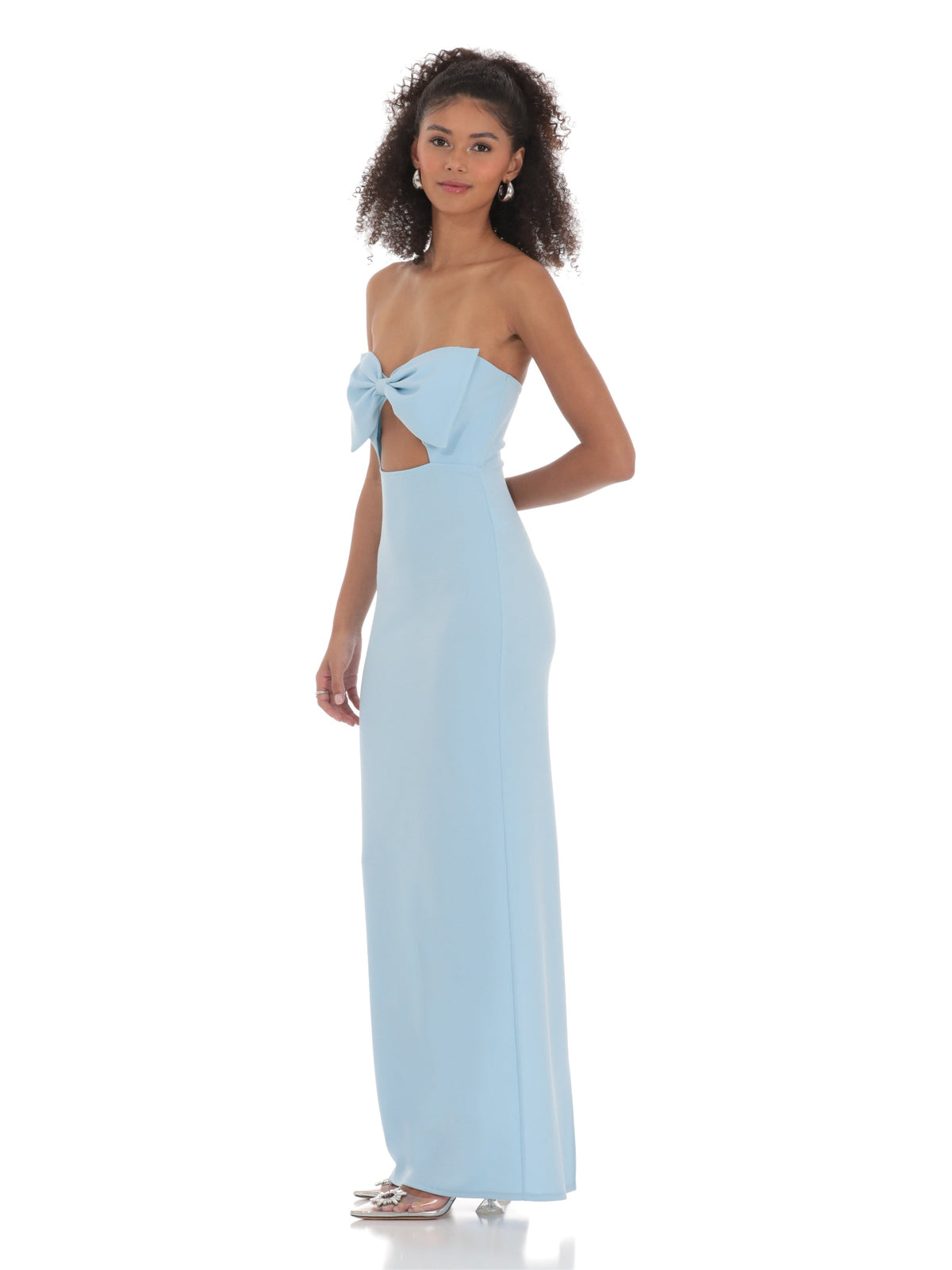 Blue bridesmaid dress with structured woven fabric construction and maxi hem