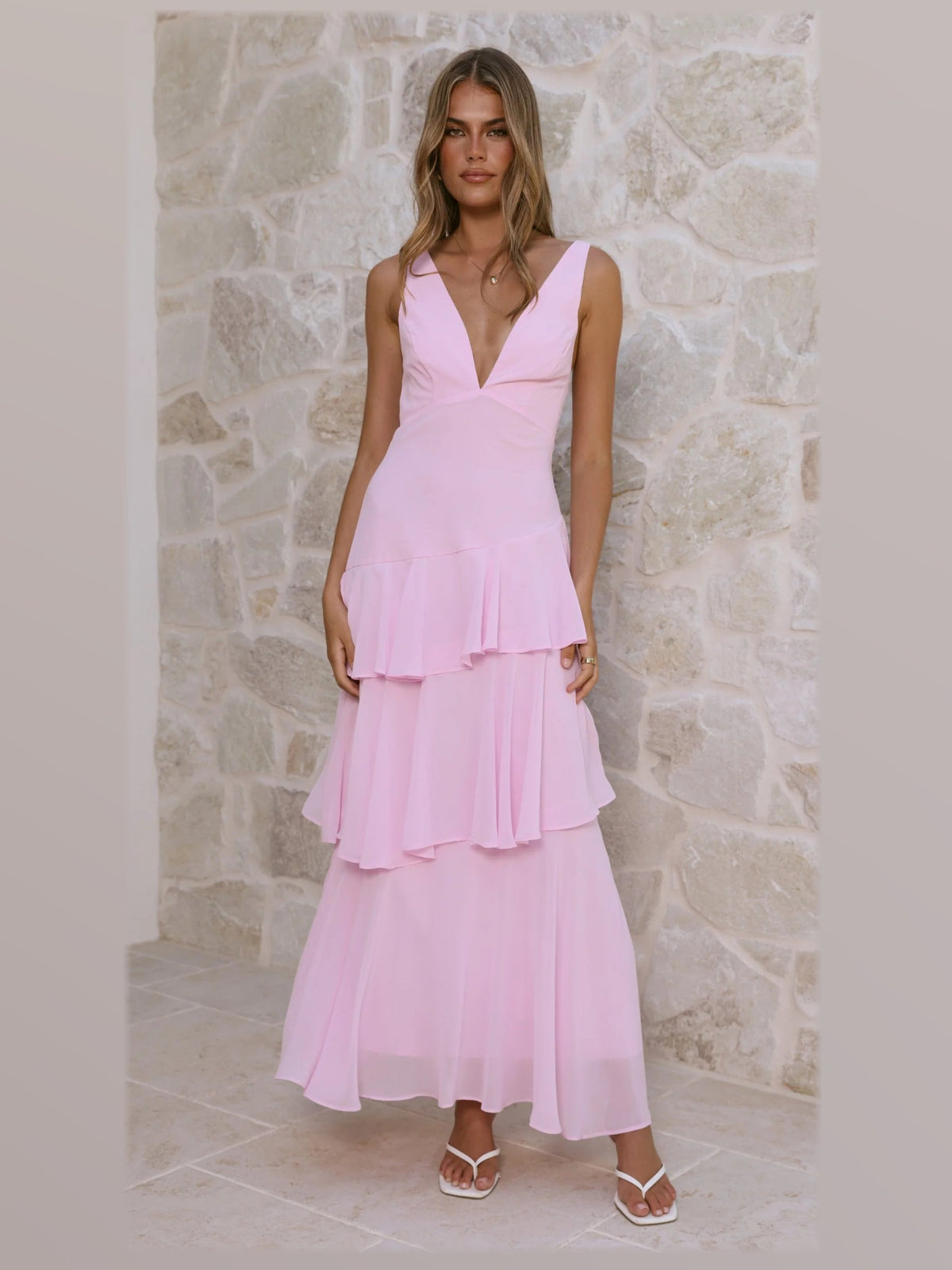Pink maxi formal dress, alternate full-length view showing the waistline