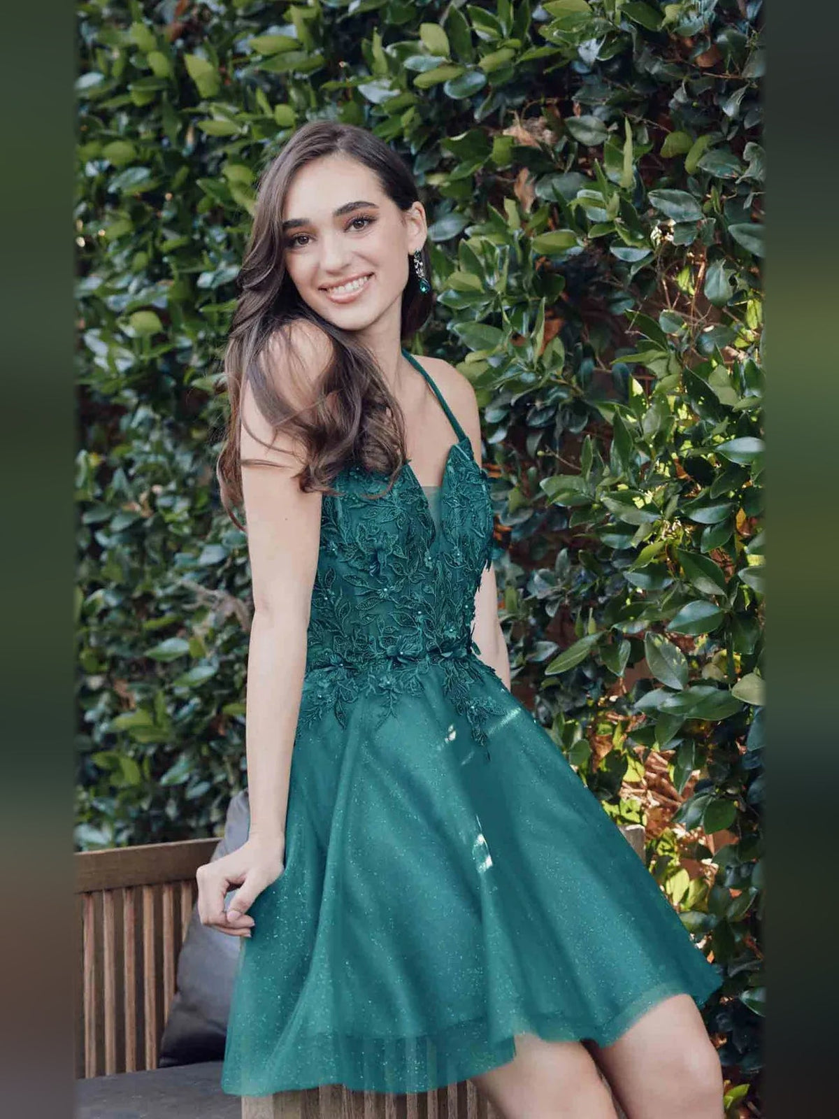 Dark green floral lace corset V-neck A-line short tulle homecoming dress