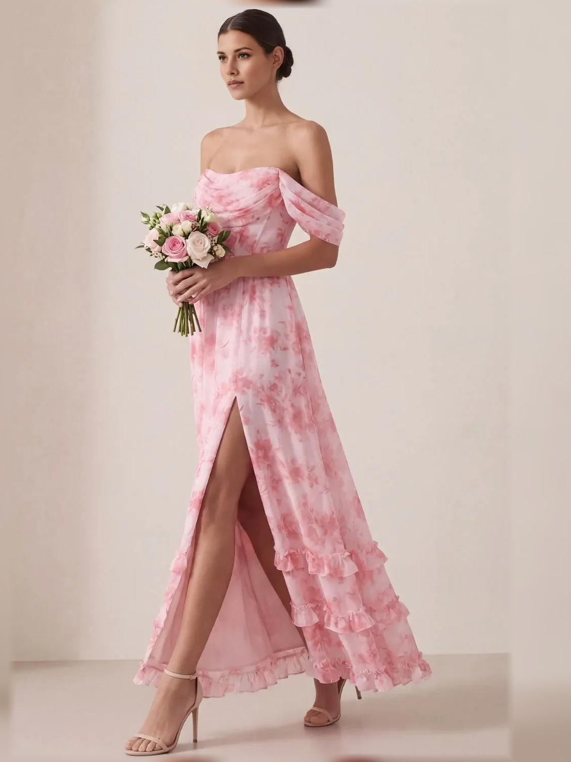 Pink floral off-shoulder corset maxi dress with draped sleeves, leg slit, tiered ruffles