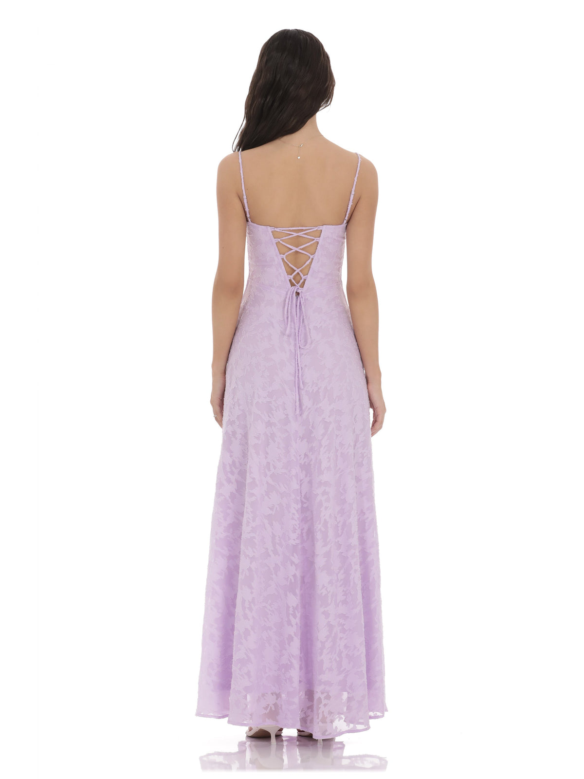 Lavender bridesmaid dress with mesh construction and maxi hem