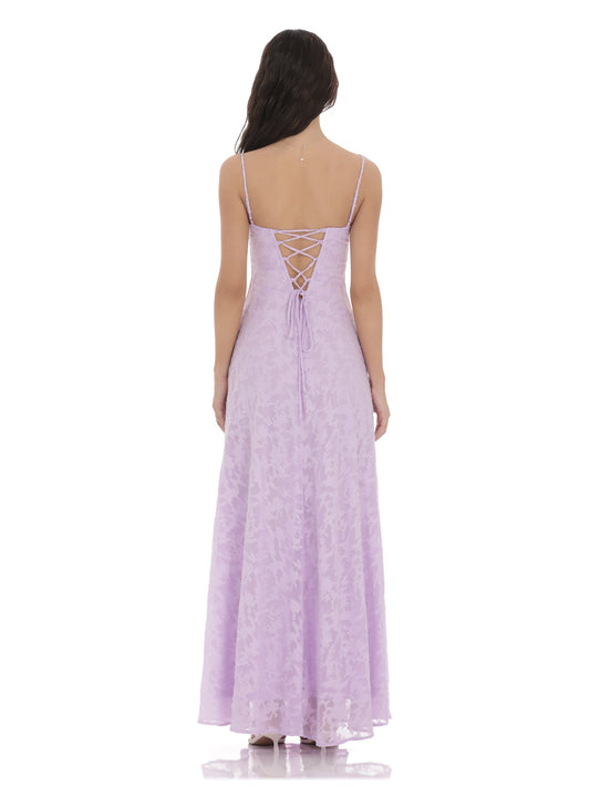 Lavender lace-look mesh A-line maxi dress with crisscross open back straps