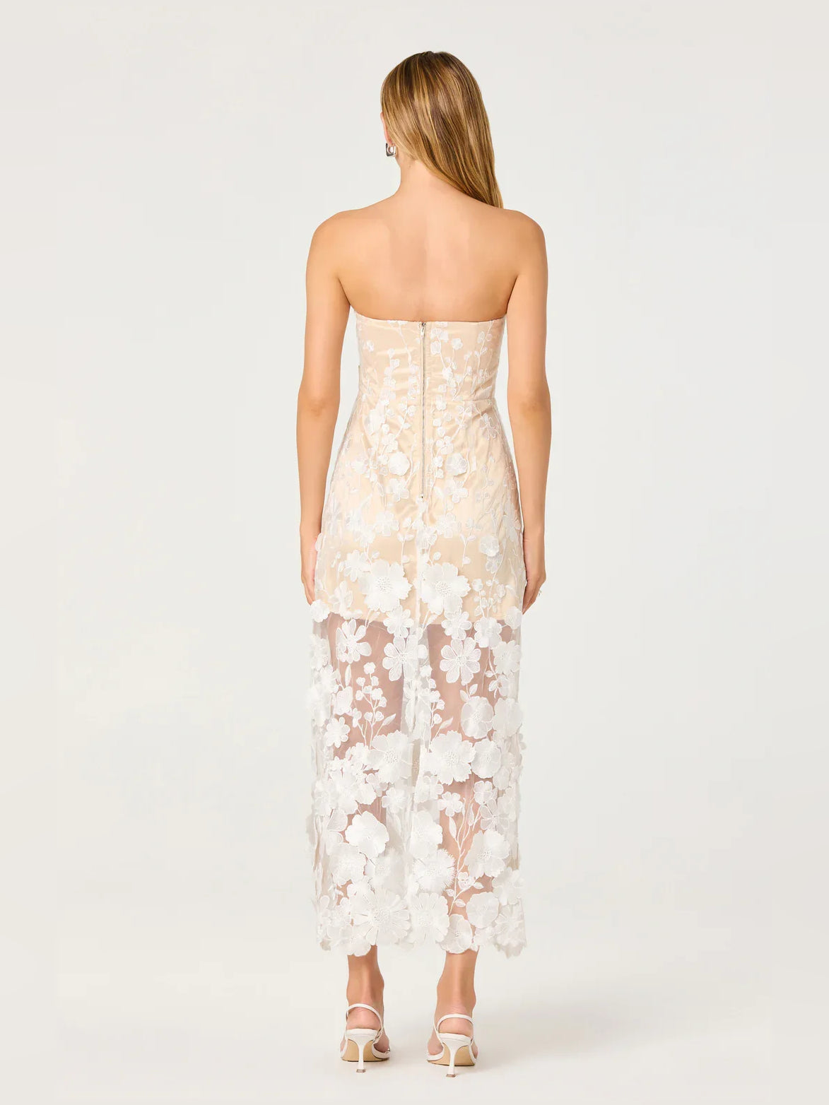 Floral print strapless sheath midi formal dress, back view, light base with white floral pattern