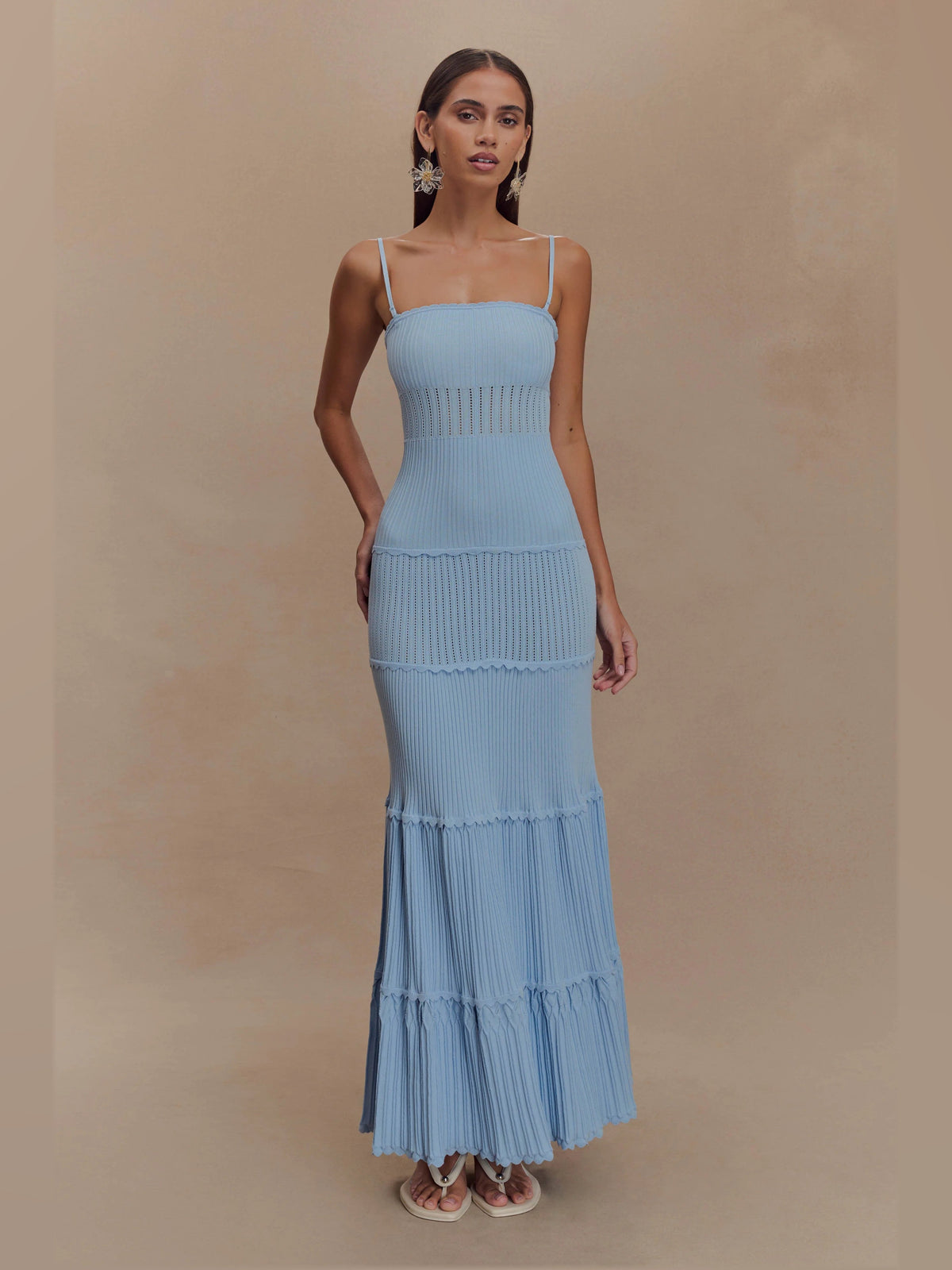 Cornflower Blue formal dress with structured woven fabric construction and maxi hem
