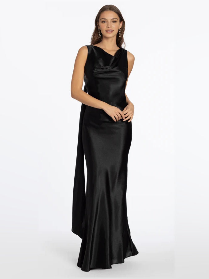 Black satin halter formal dress, sleeveless with flowing floor-length skirt