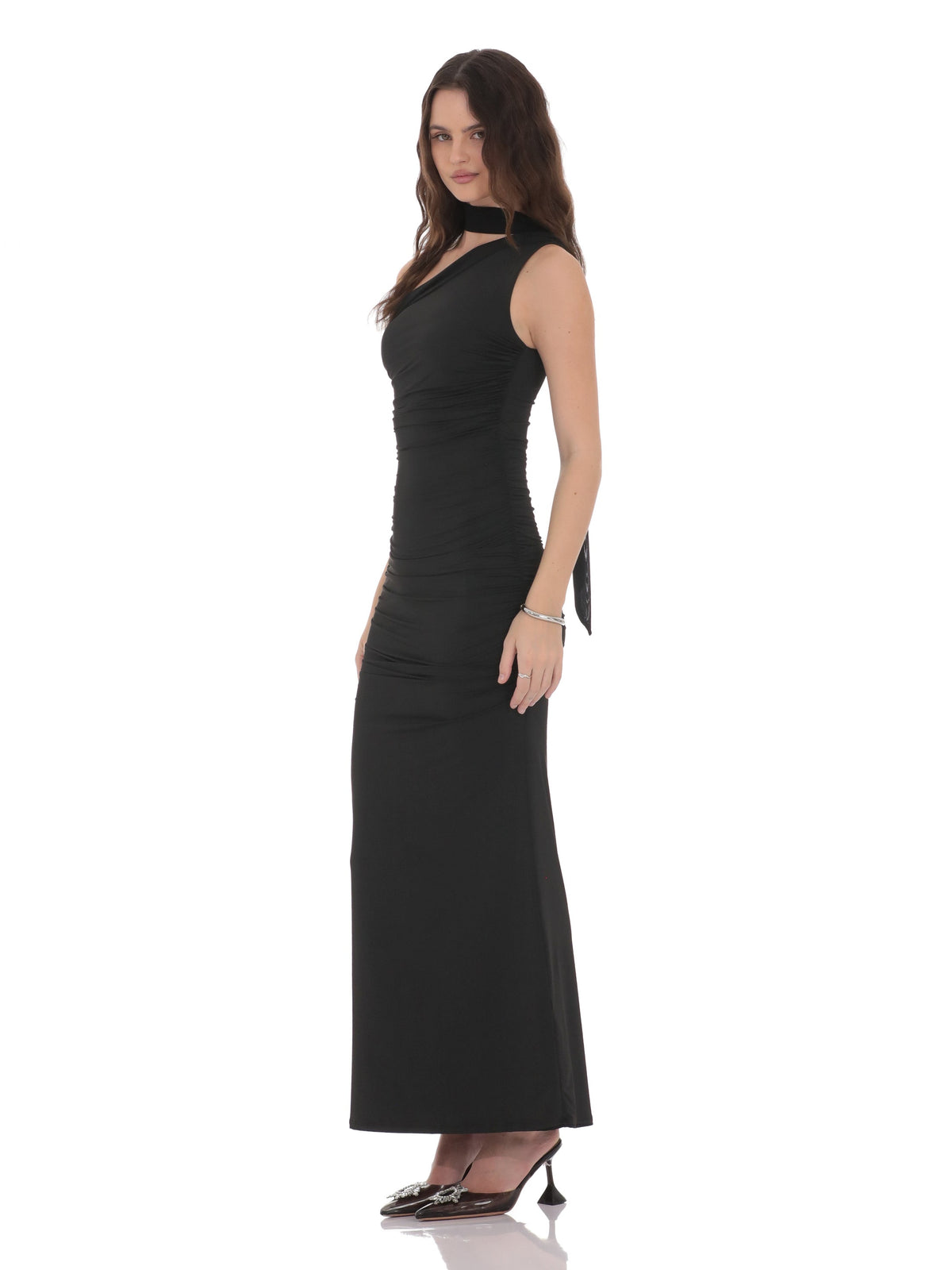Black bridesmaid dress with structured woven fabric construction and maxi hem