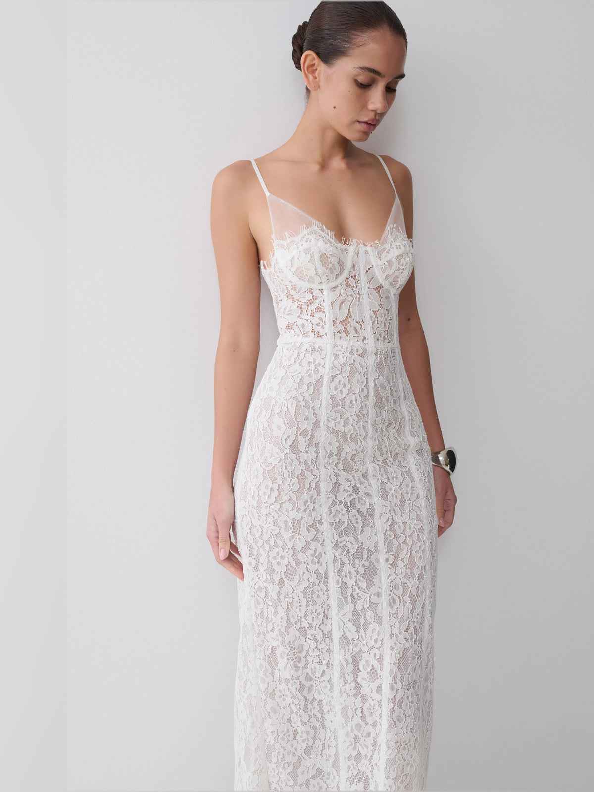 White lace and mesh midi formal dress with lace bodice and thin adjustable straps