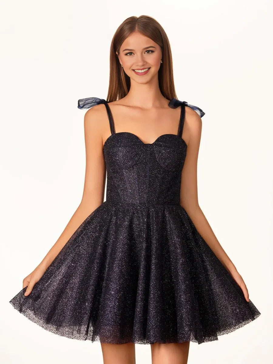 Dark navy glitter sweetheart A-line mini tulle dress with bow-shoulder straps