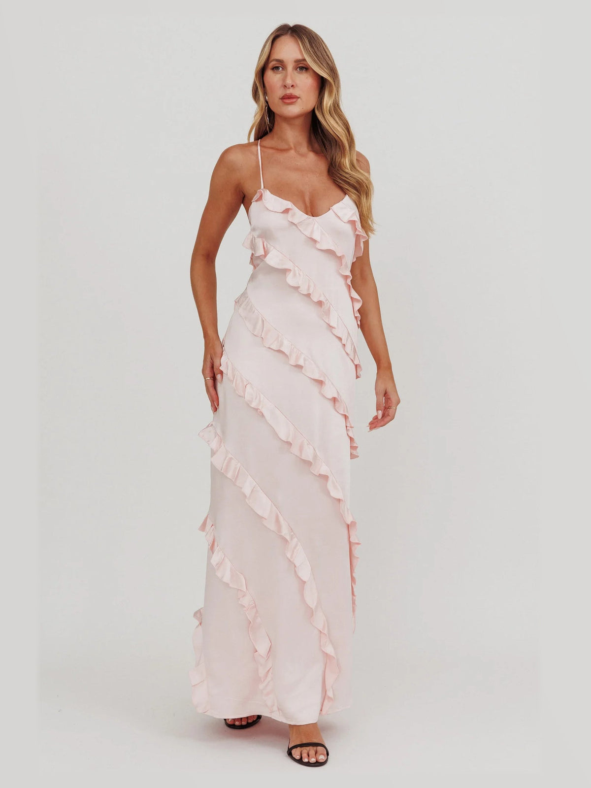 Blush maxi formal dress, alternate full-length view showing the waistline