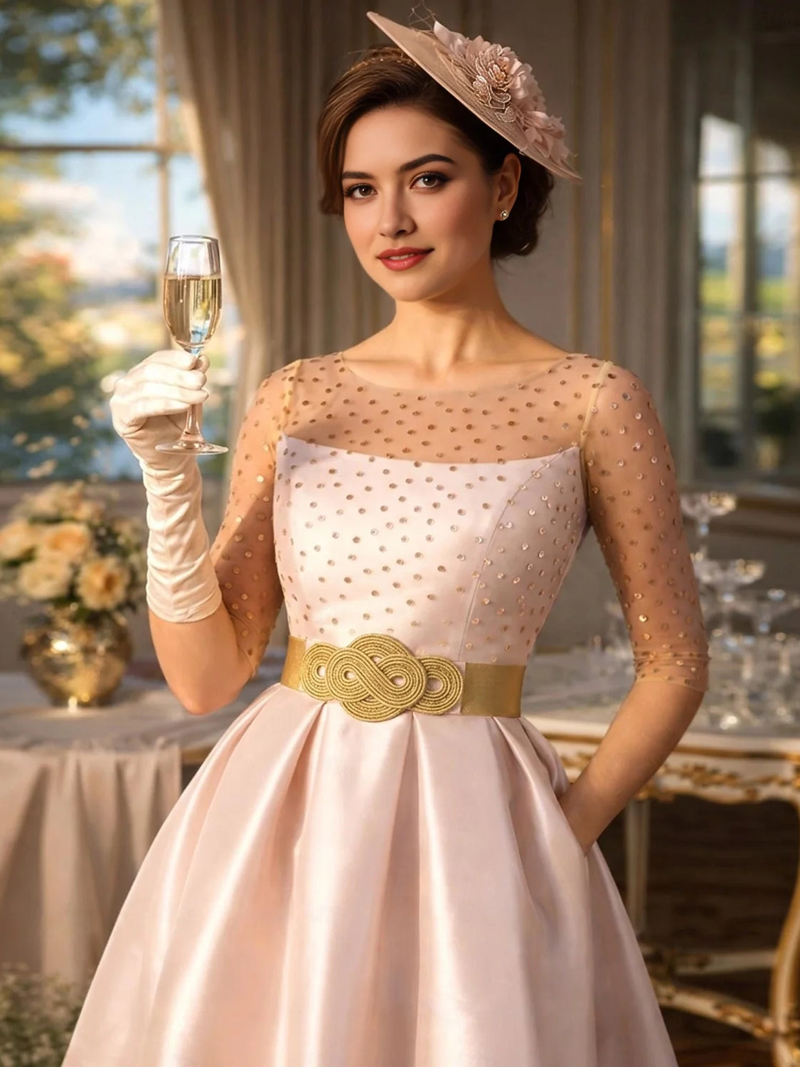 Blush satin midi prom dress with boat neck, sheer dotted bodice, pleated skirt and sash belt