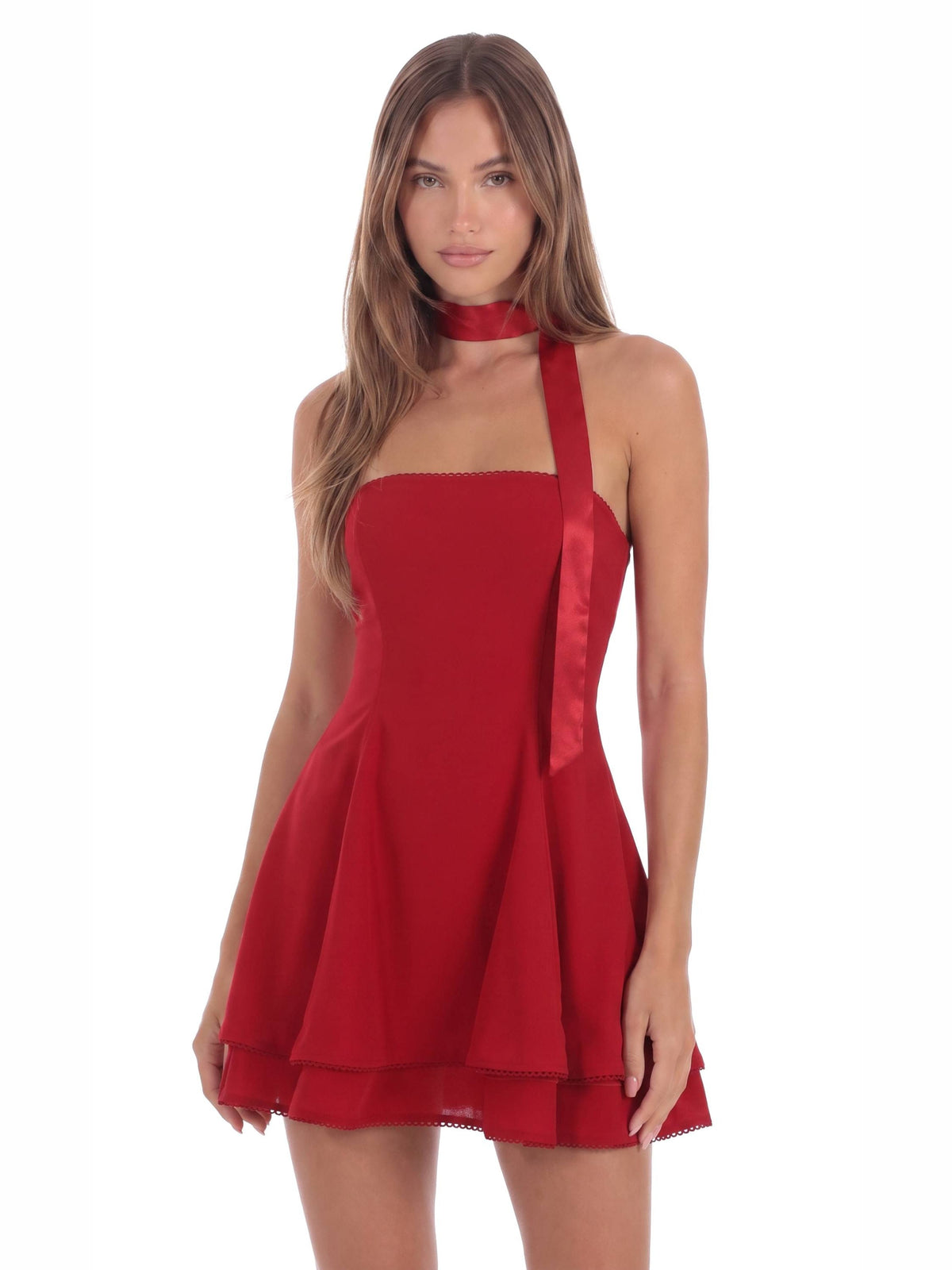 Red homecoming dress with satin construction and maxi hem