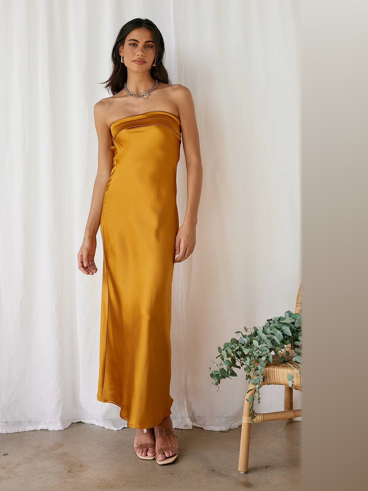 Yellow midi formal dress, alternate full-length view showing the waistline