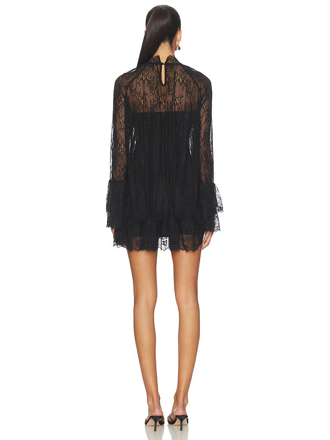 Back view mini homecoming dress, black lace long sleeves, high neck