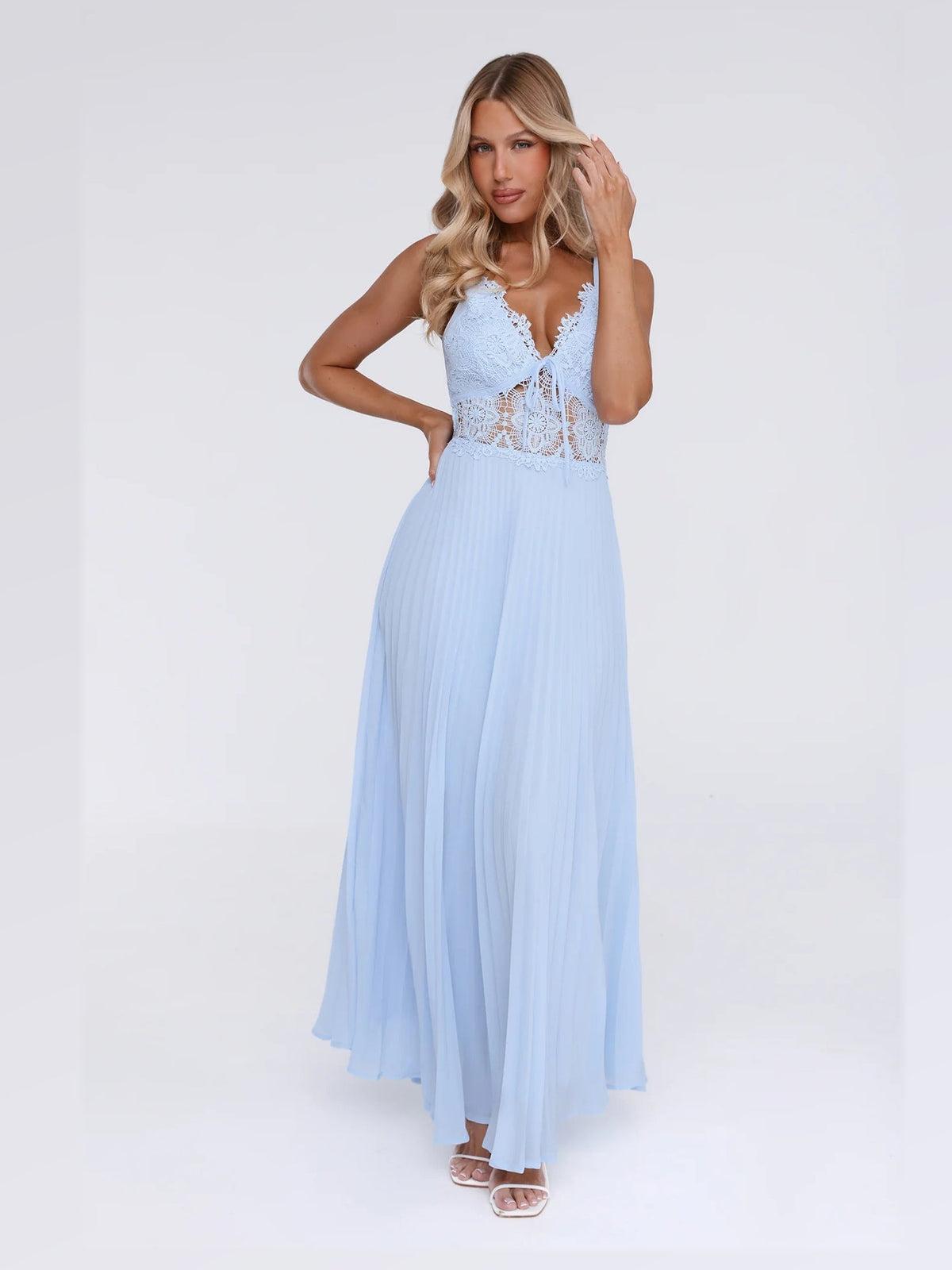 Blue maxi formal dress, alternate full-length view showing the waistline