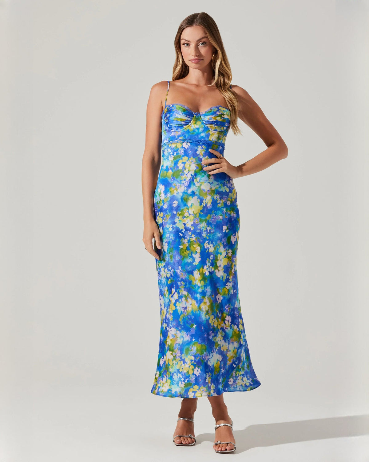 Light blue floral satin A-line maxi dress with spaghetti straps and sweetheart neckline