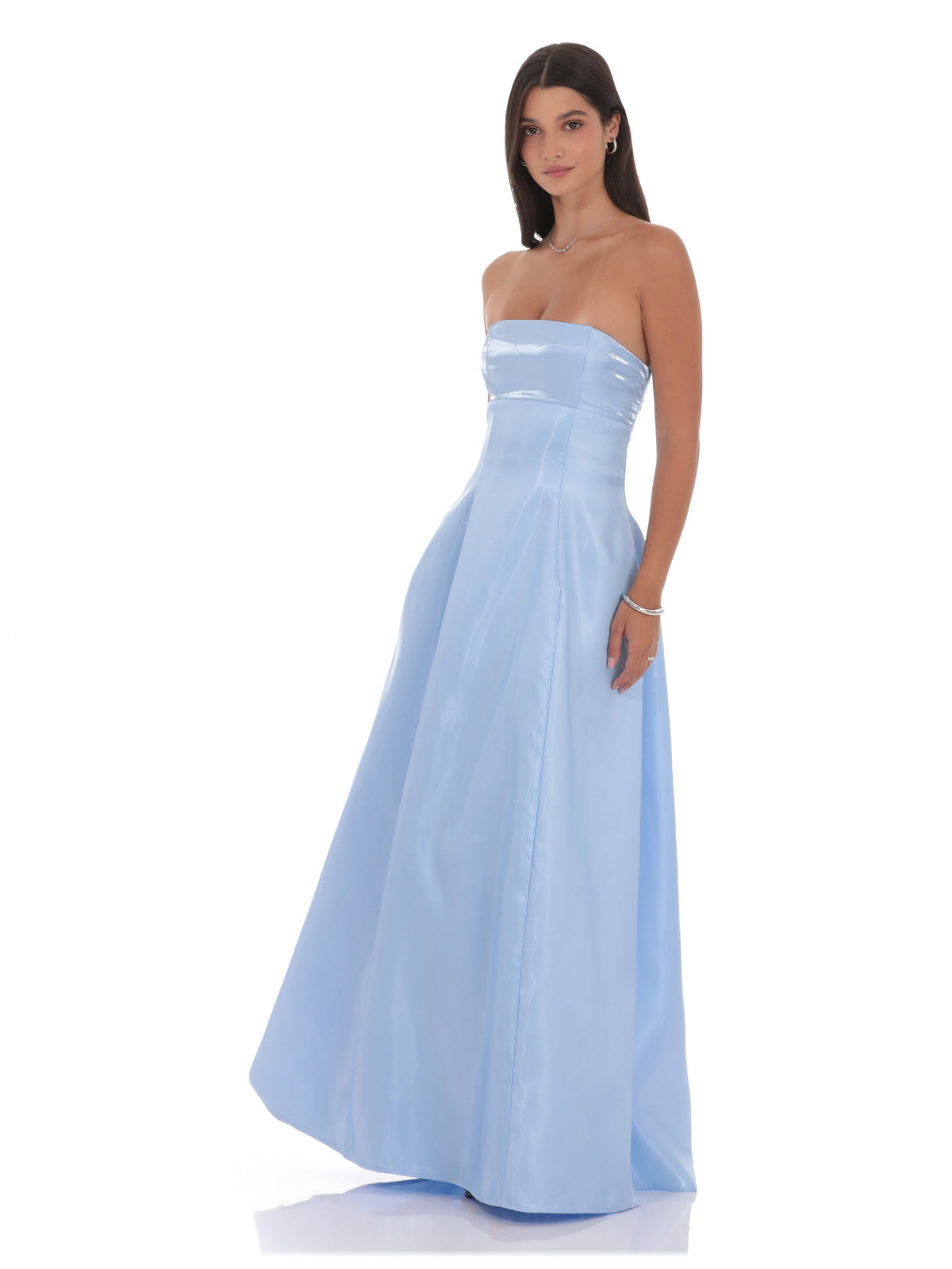 Blue bridesmaid dress with structured woven fabric construction and maxi hem