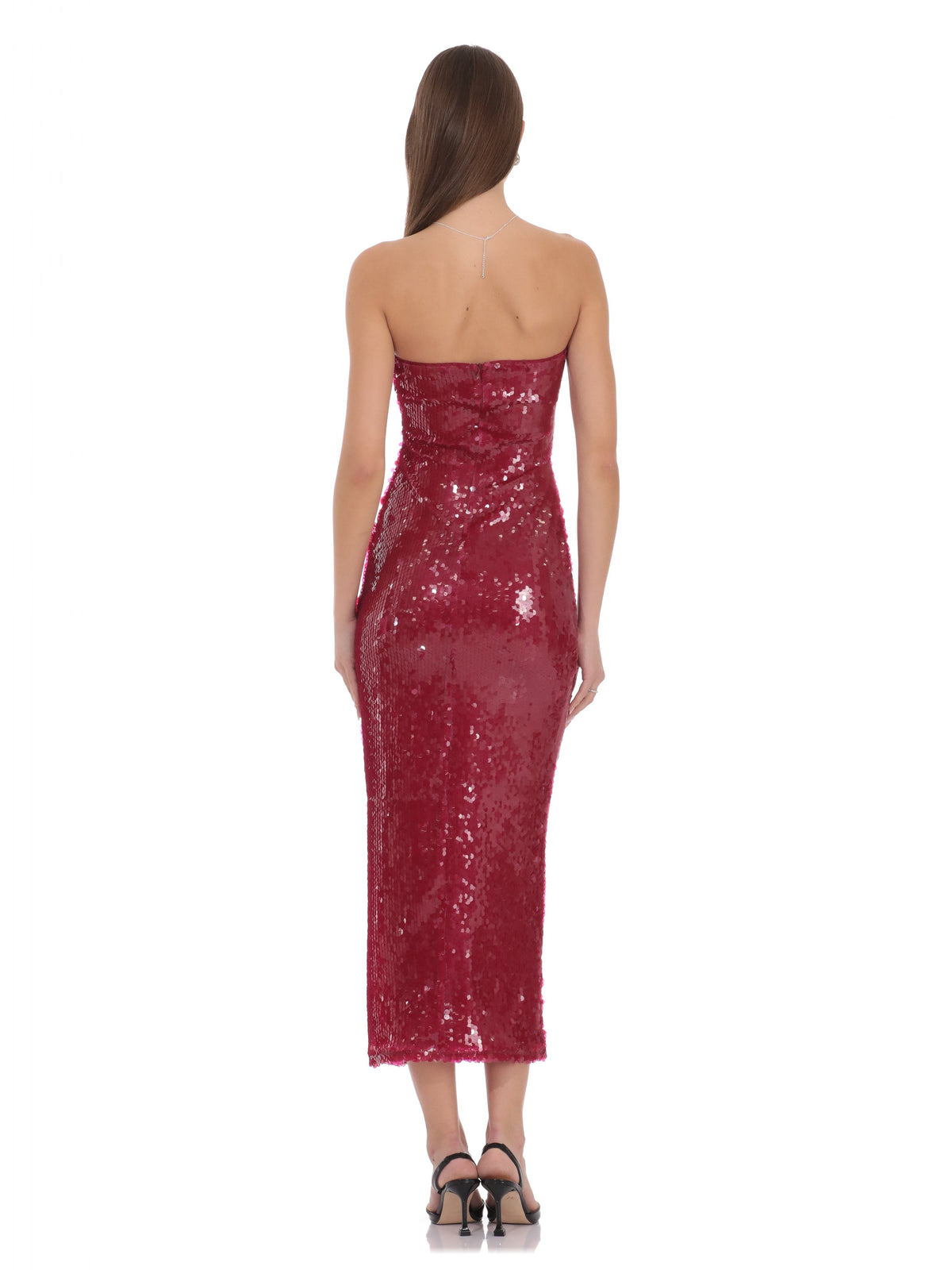 Fuchsia bridesmaid dress with mesh construction and midi hem