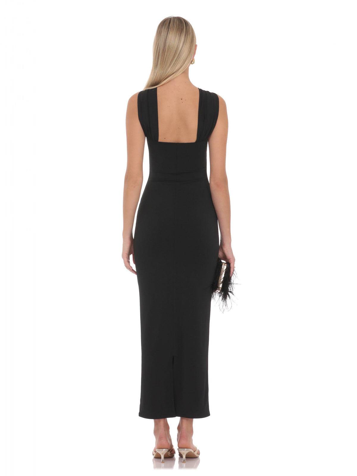 Black bridesmaid dress with structured woven fabric construction and maxi hem