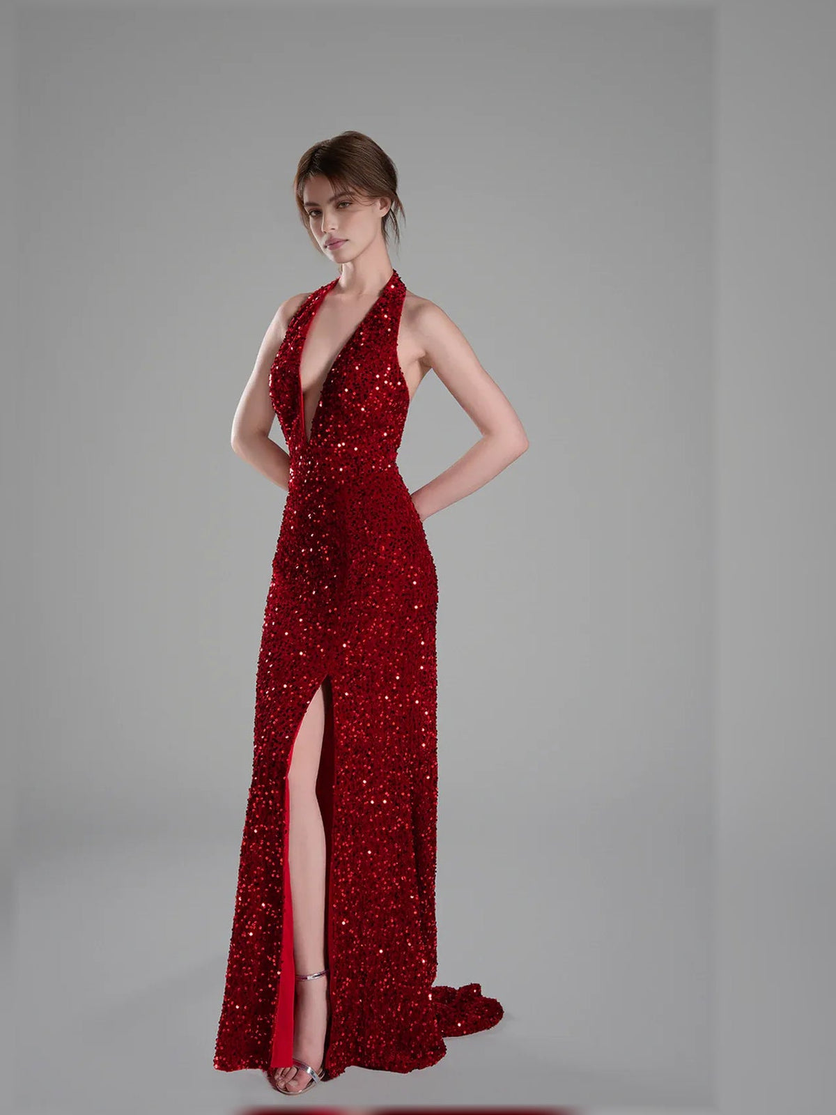 Deep red halter neck mermaid formal dress with deep V and front slit
