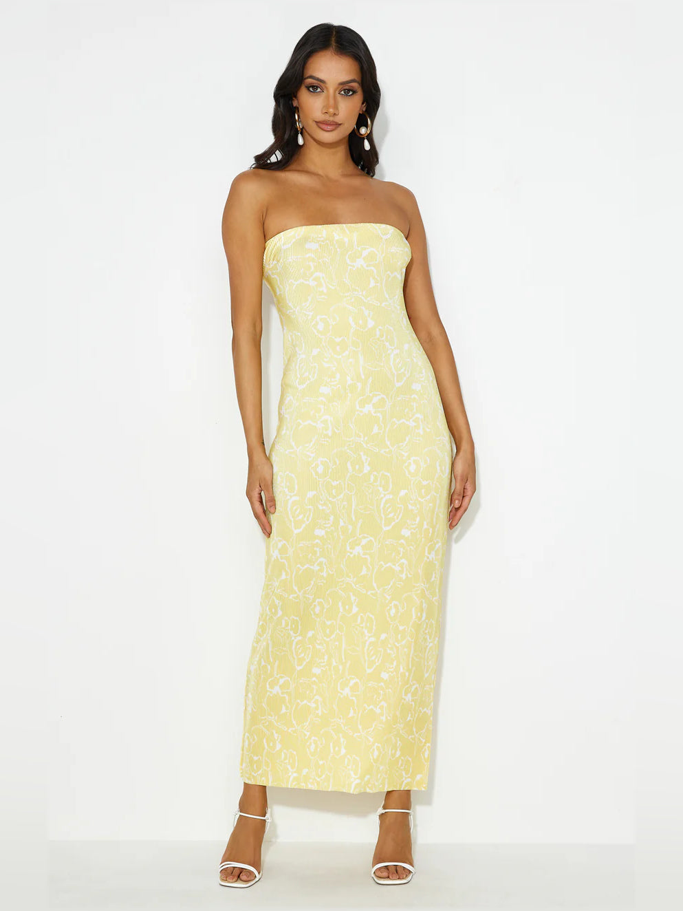 Yellow sheath maxi formal dress with strapless neckline, alternate full-length view