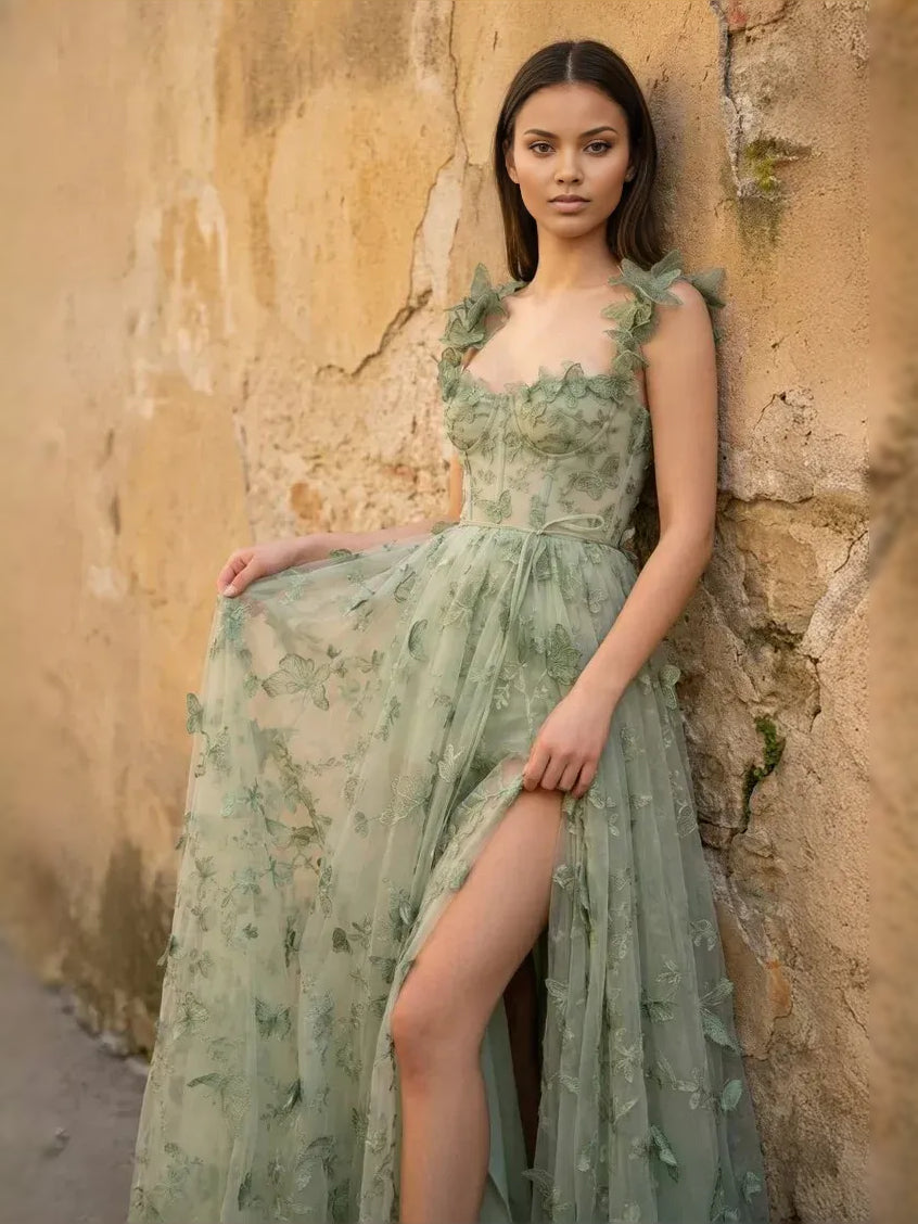 Green tulle prom dress with ruffled cap sleeves, sweetheart neckline, side slit, floral embroidery