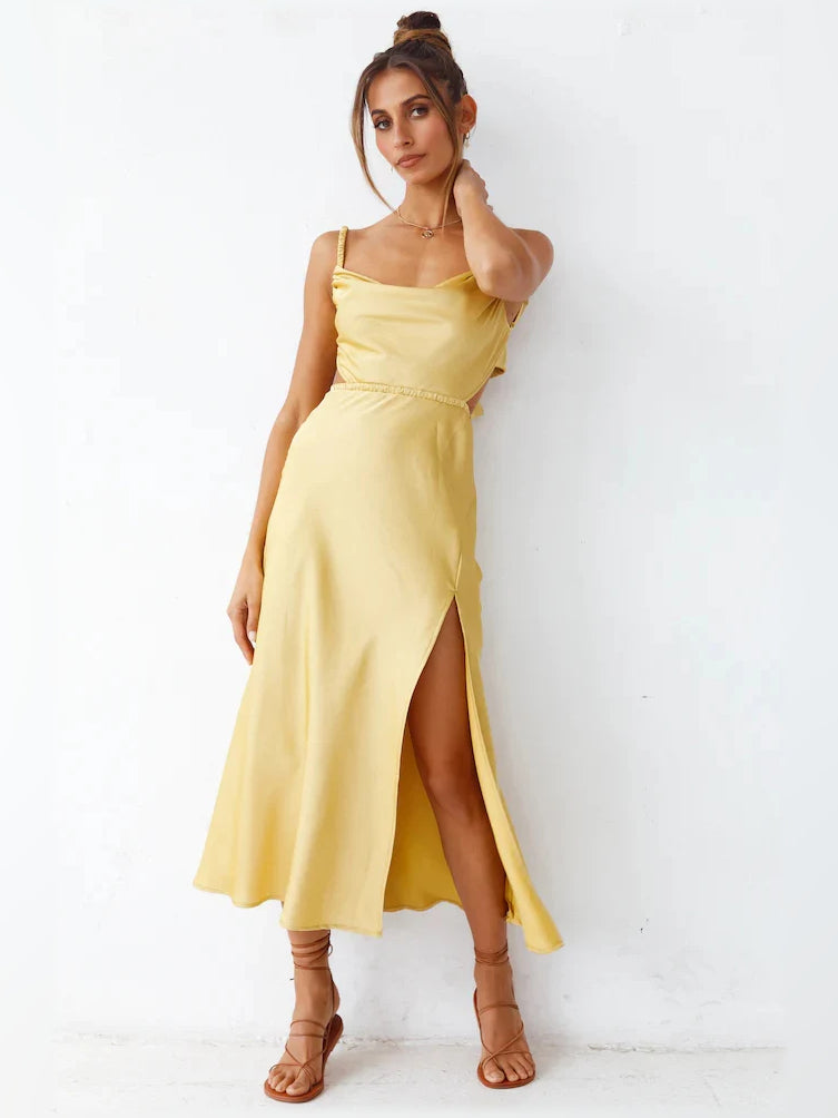 Yellow open-back midi dress with spaghetti straps and front side slit