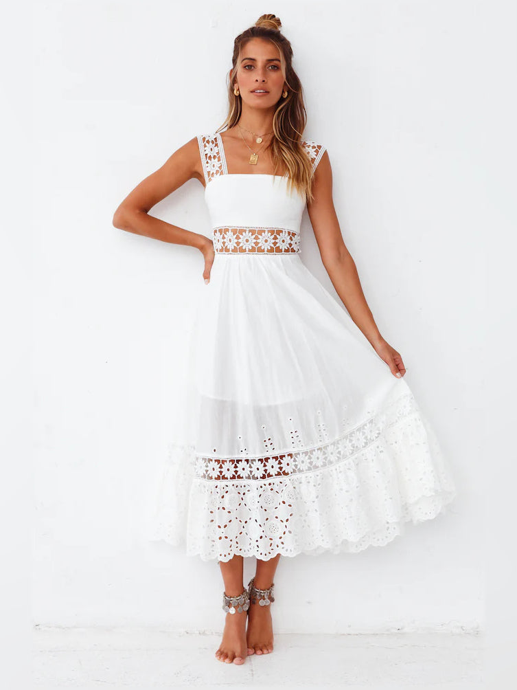 White a-line maxi formal dress with tiered skirt, alternate view showing the bodice