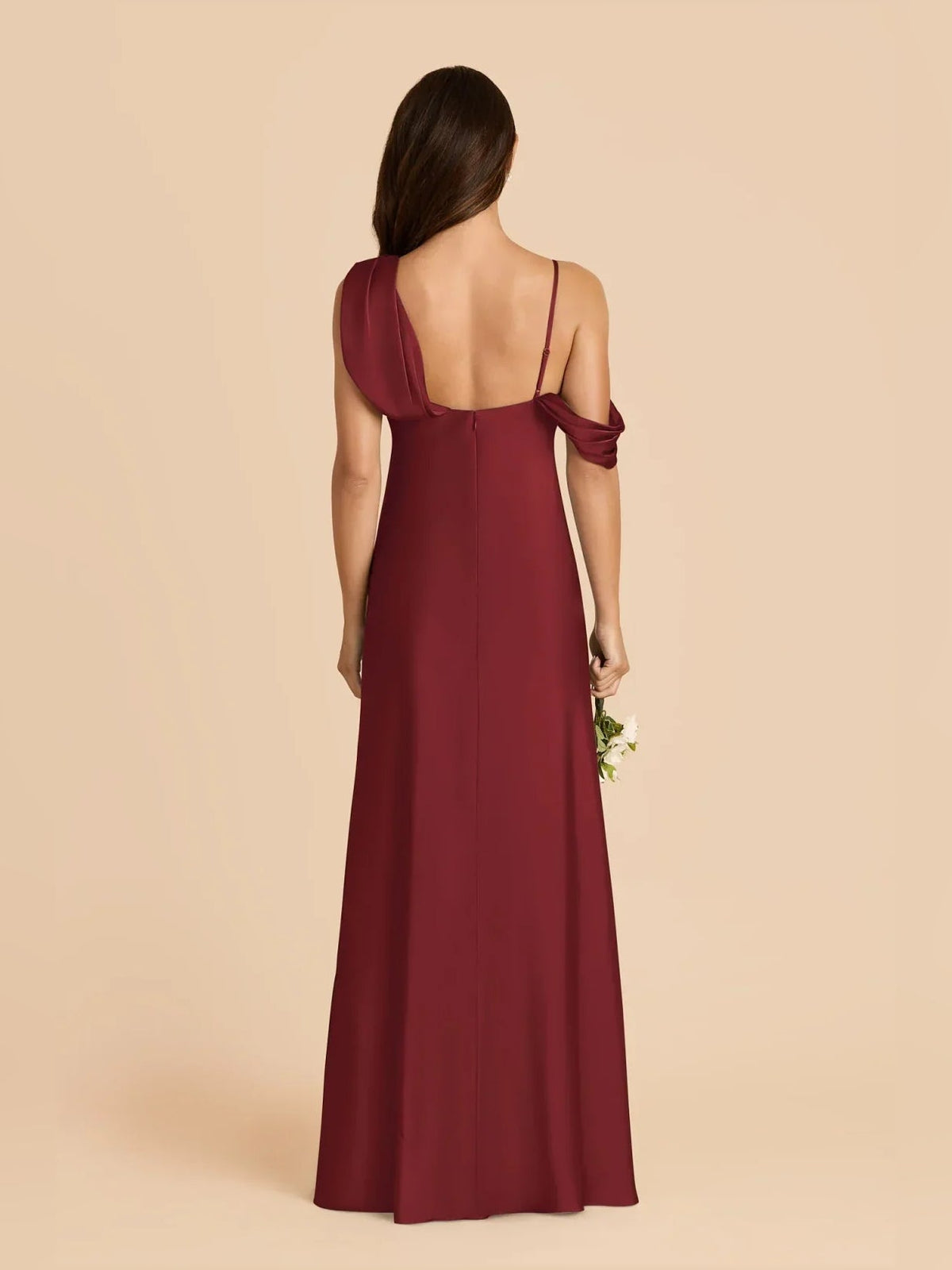 Crimson satin A-line maxi dress shown from back, open back with thin straps