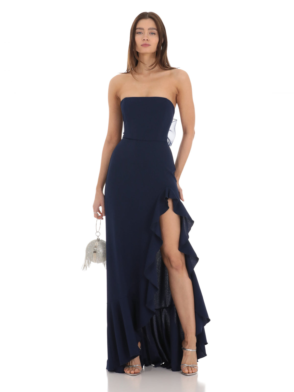 Navy bridesmaid dress with structured woven fabric construction and maxi hem
